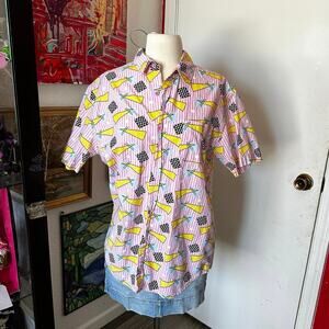 eldon pink and white striped 80’s themed button up shirt